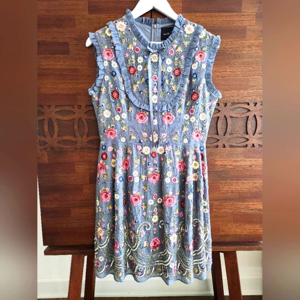 Needle & Thread gray blue beaded prom Wedding Guest floral mini dress us 10